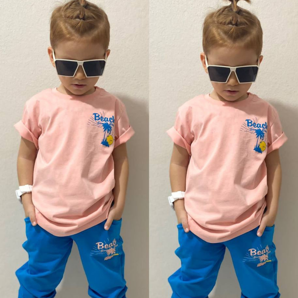 Beach dude boys jogger set featuring a blue cotton printed top and matching lightweight cotton pants — view 5