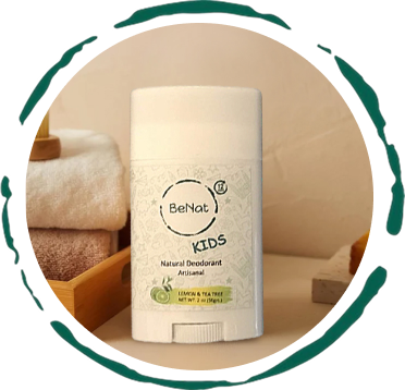Natural deodorant stick for kids and teens in clean white packaging with essential oil ingredients