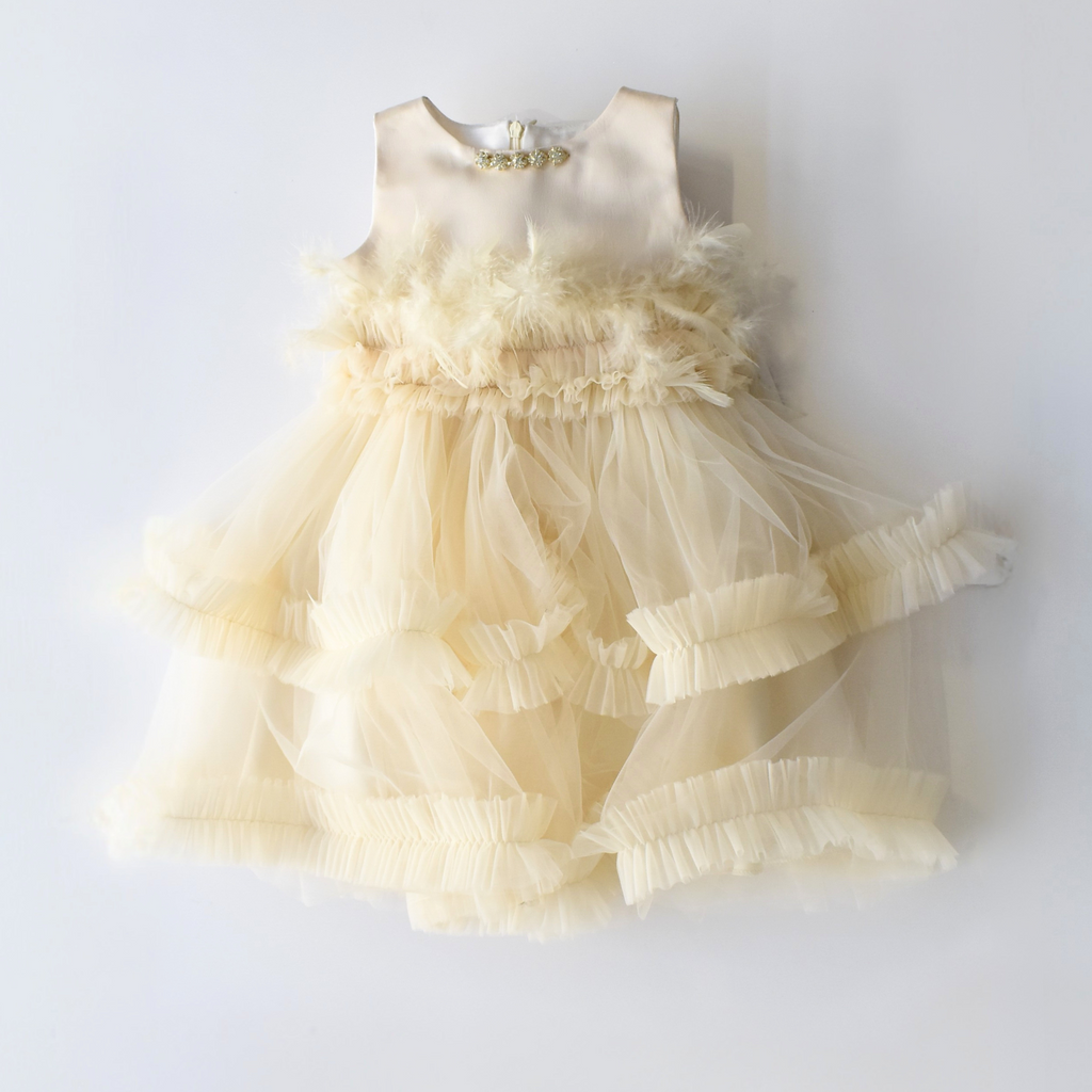 Feather Frida girls formal dress with satin bodice, feather waist, and layered tulle skirt — view 3