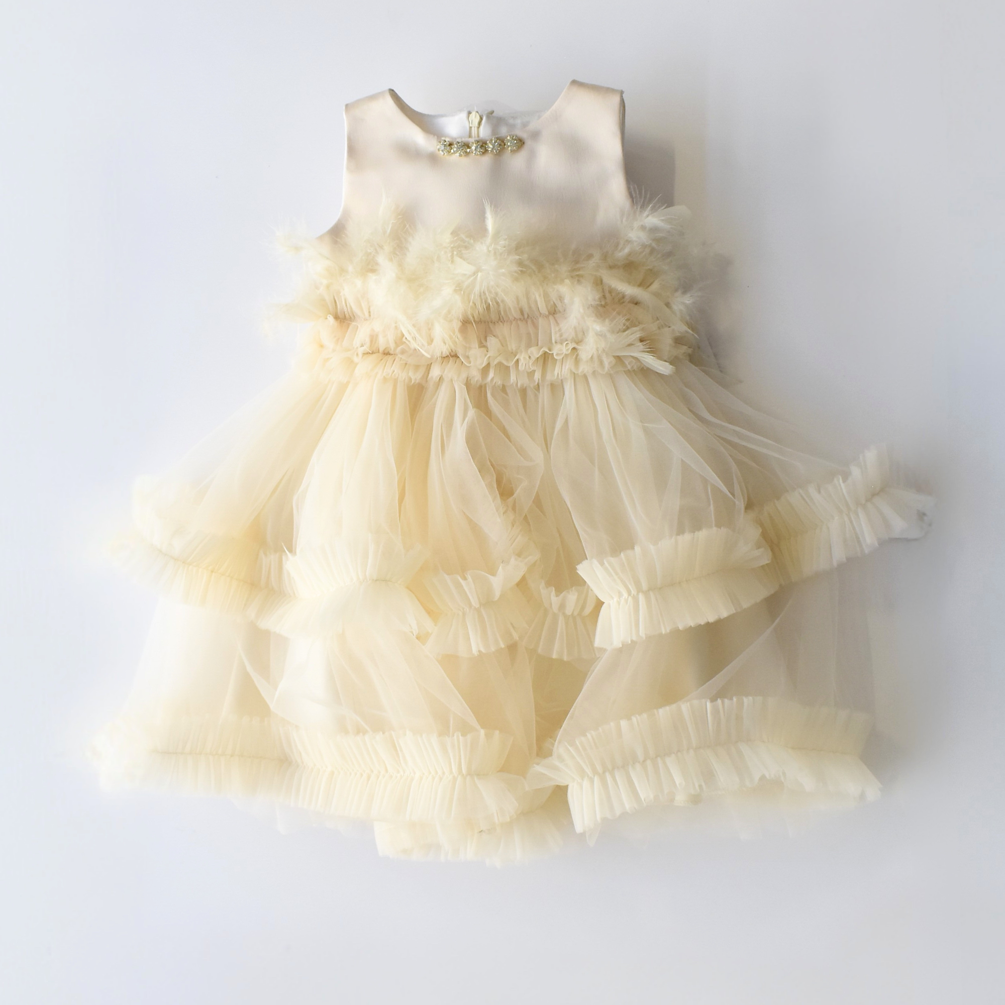 Feather Frida girls formal dress with satin bodice, feather waist, and layered tulle skirt — view 3