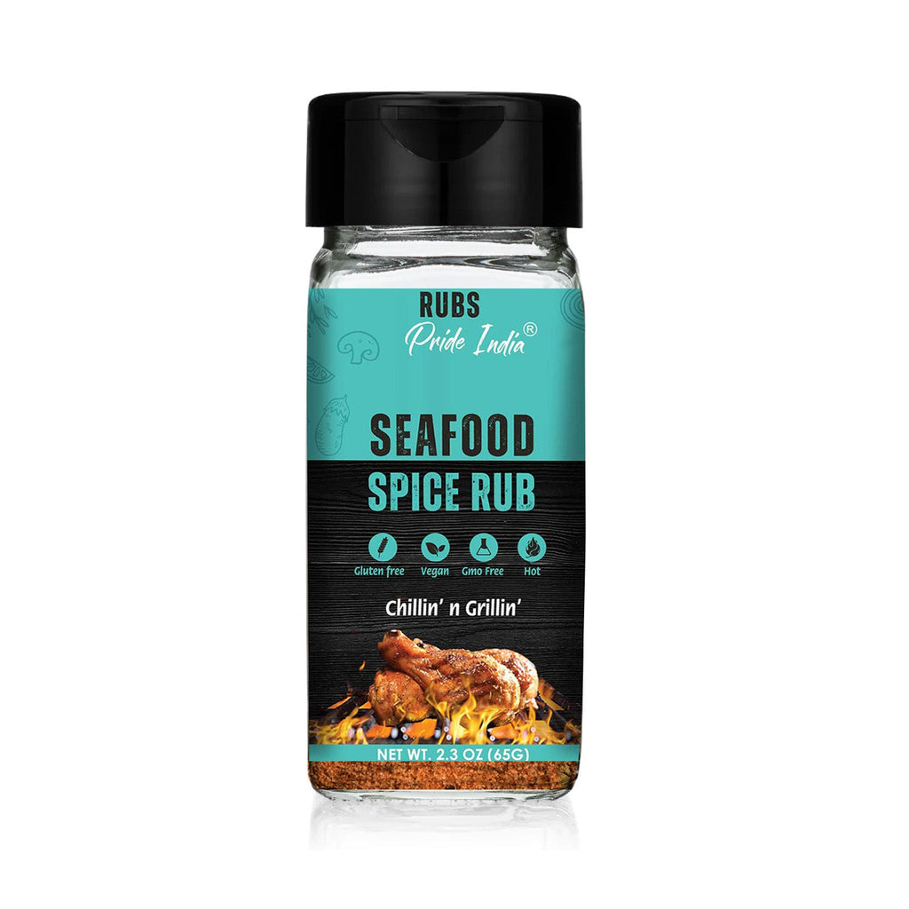 Gourmet seafood spice rub seasoning jar with natural herbs and spices for grilling fish