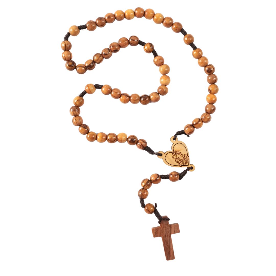 Rosary with heart and Mary made of olive wood-0