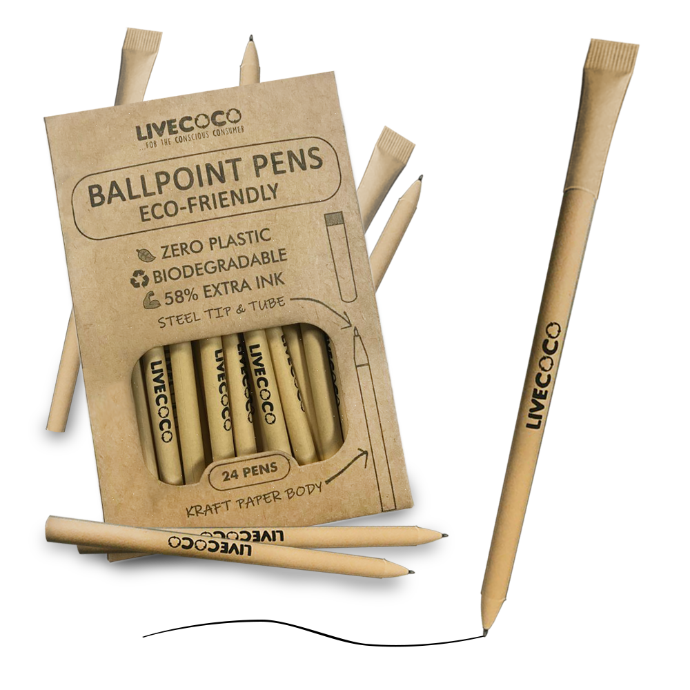 Kraft paper ballpoint pens in a 24 pack featuring sustainable biodegradable barrels and steel tips