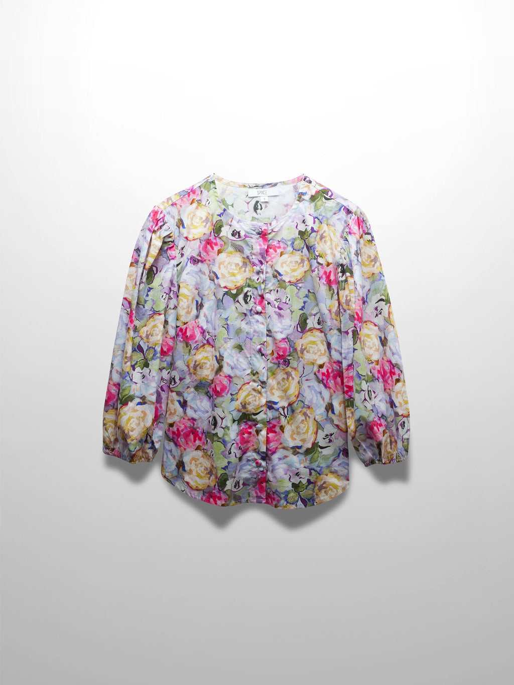 Crew Neck Button Down Blouse-Pink/Purple-2