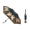 Swan patterned automatic folding umbrella with a matching storage sleeve and UPF 50 canopy.