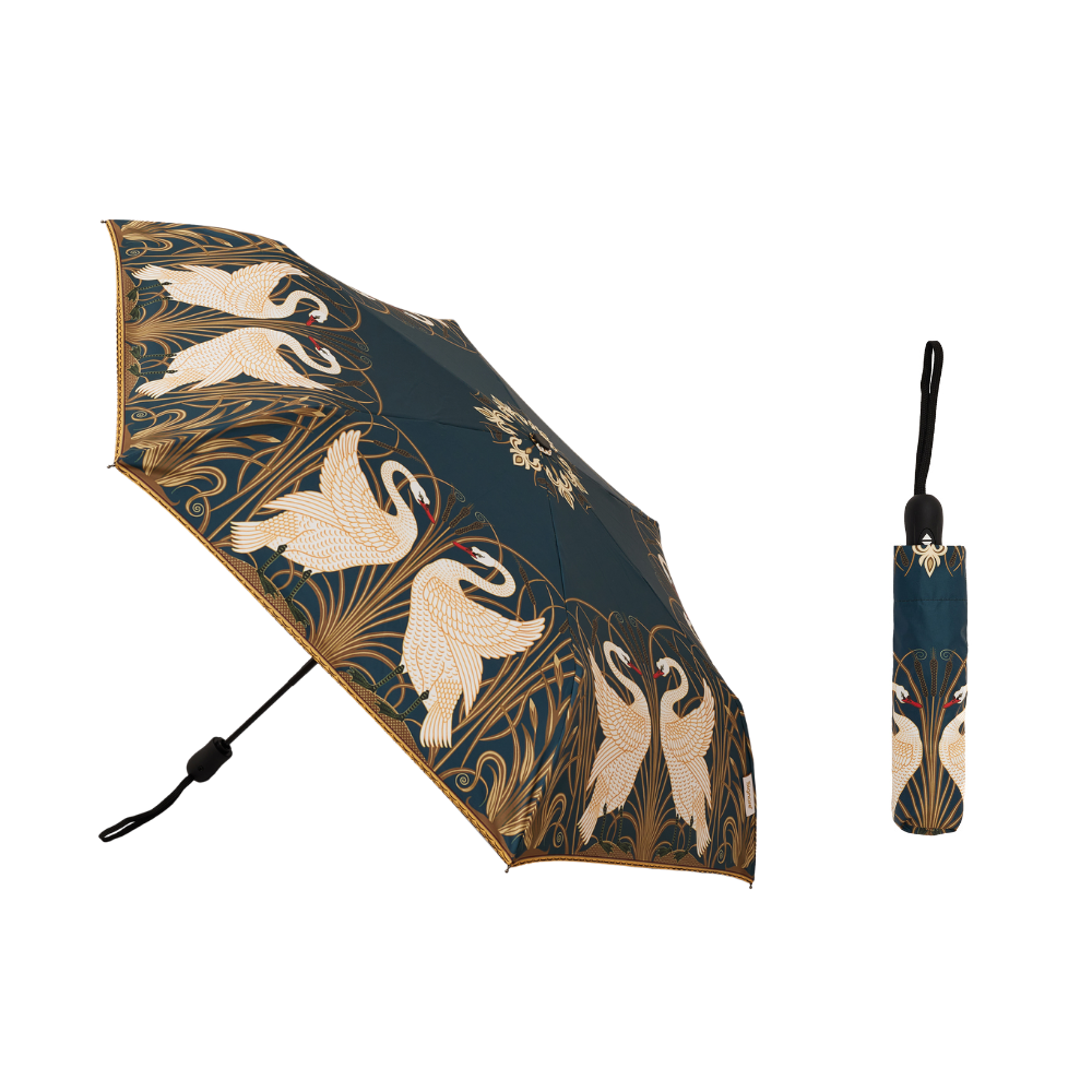 Swan patterned automatic folding umbrella with a matching storage sleeve and UPF 50 canopy.