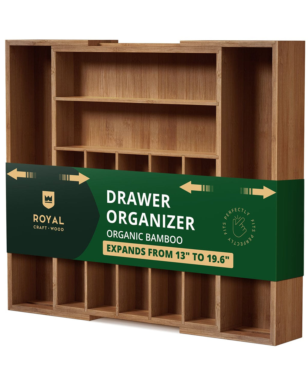Brown bamboo silverware drawer organizer with nine slots for kitchen cutlery and utensils