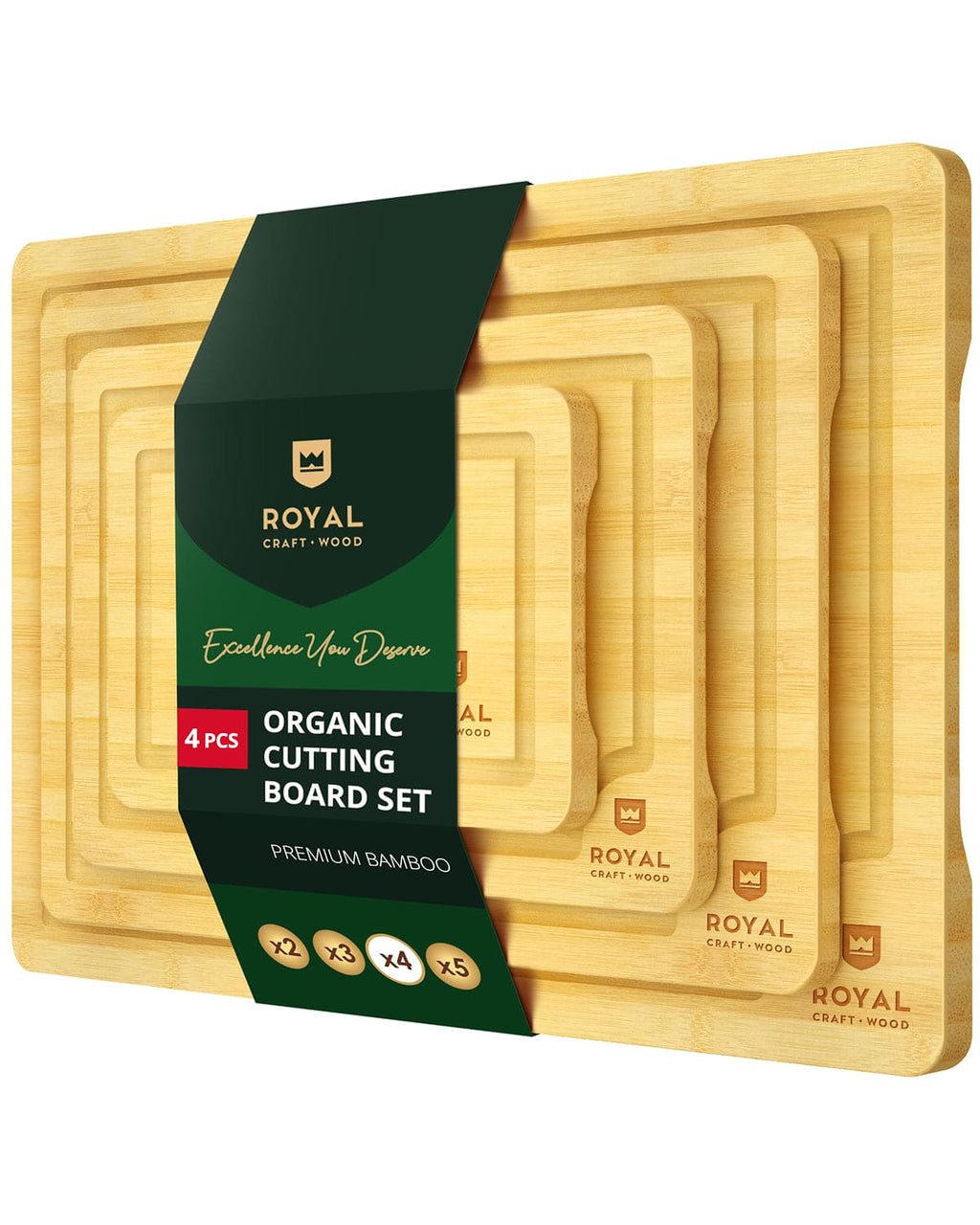 Bamboo cutting board set of four, natural light wood color with rectangular design and juice grooves