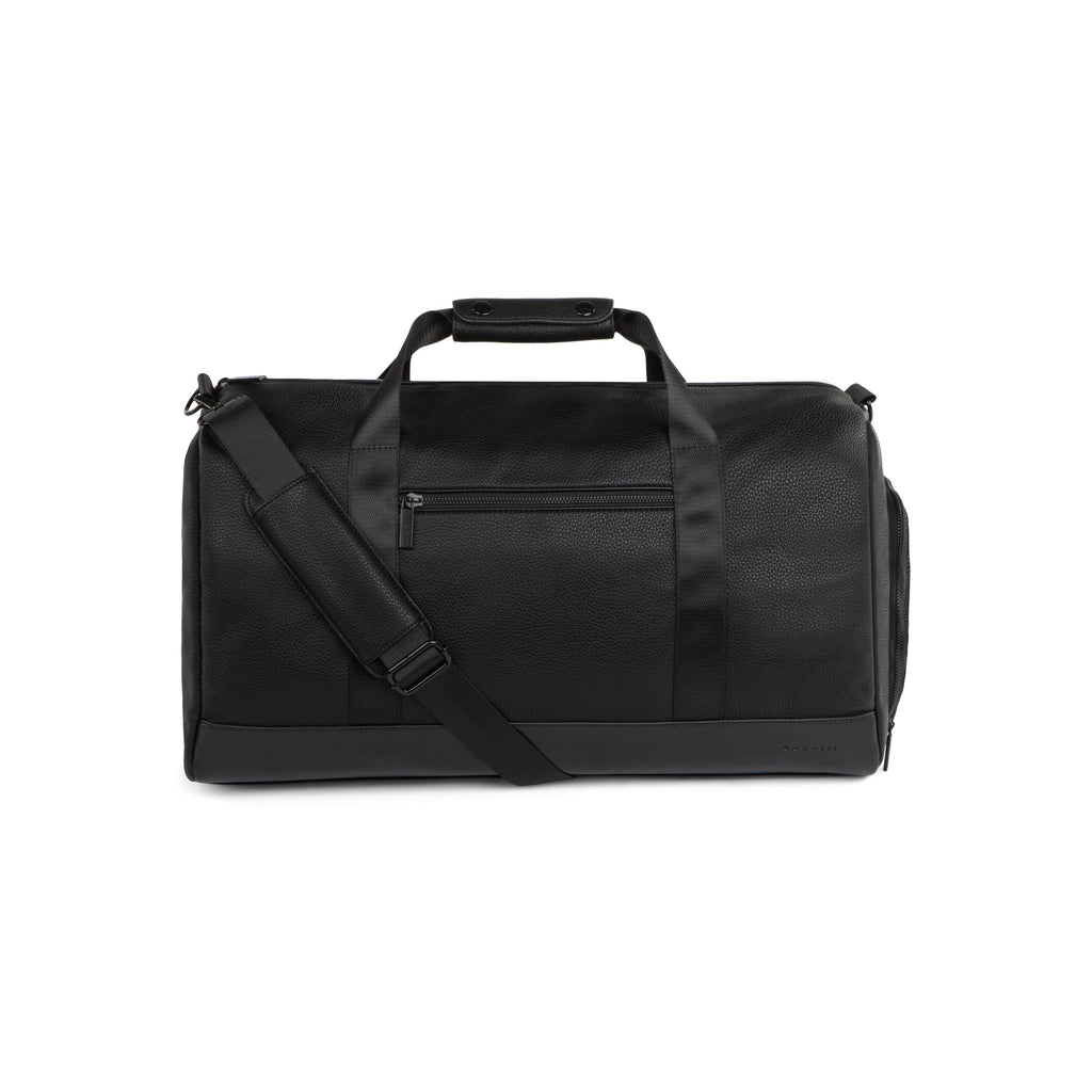 Textured vegan leather duffle bag with sturdy carrying handles and adjustable shoulder strap for travel