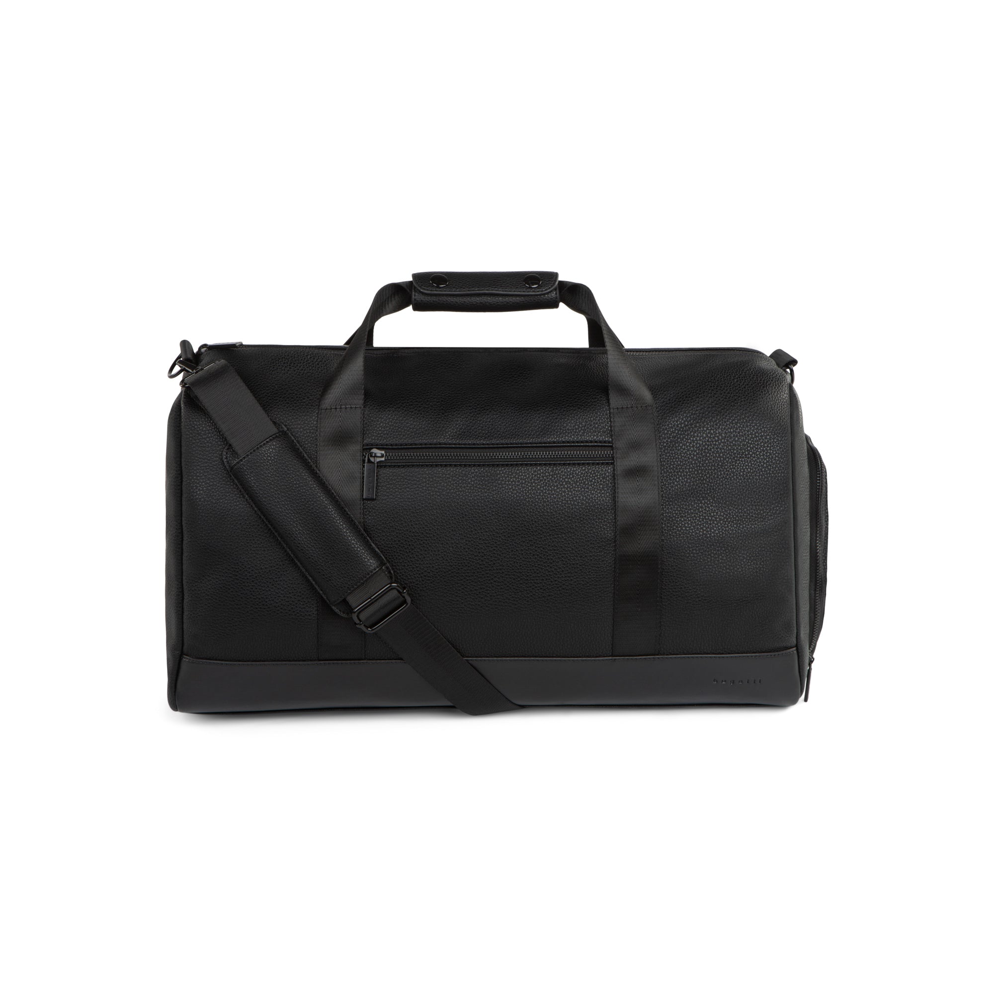 Textured vegan leather duffle bag with sturdy carrying handles and adjustable shoulder strap for travel