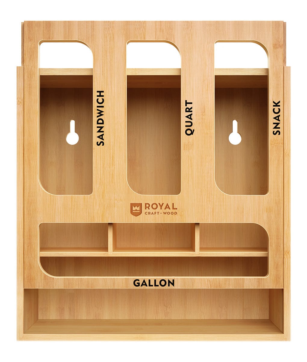 Natural wood ziplock bag storage organizer with slots for gallon quart sandwich and snack bags — view 3