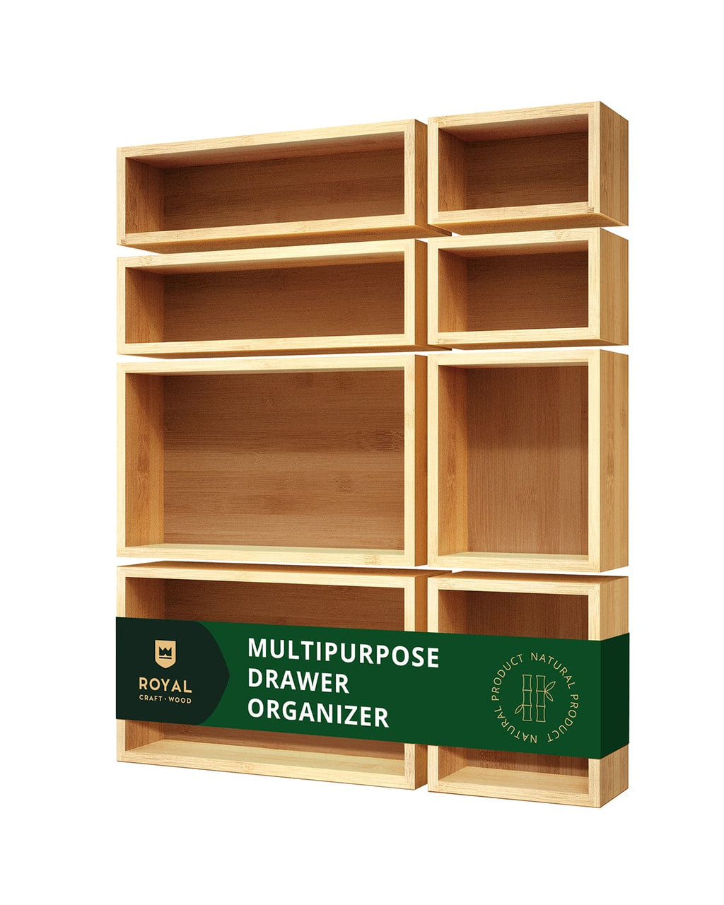 Natural bamboo storage box set of eight for drawer and desk organization