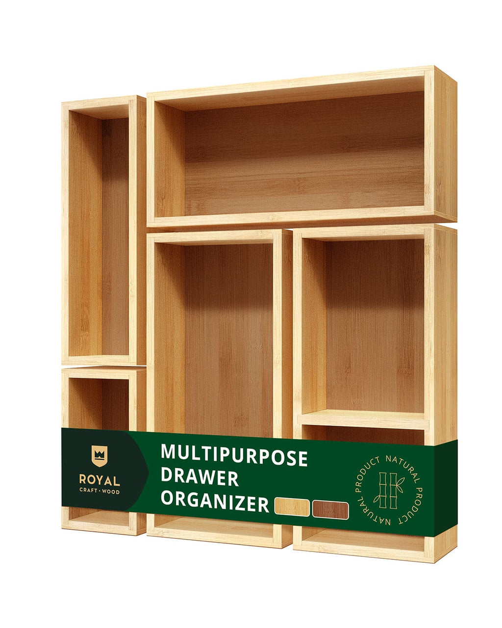 Set of five natural light wood storage boxes and drawer dividers arranged on a flat surface