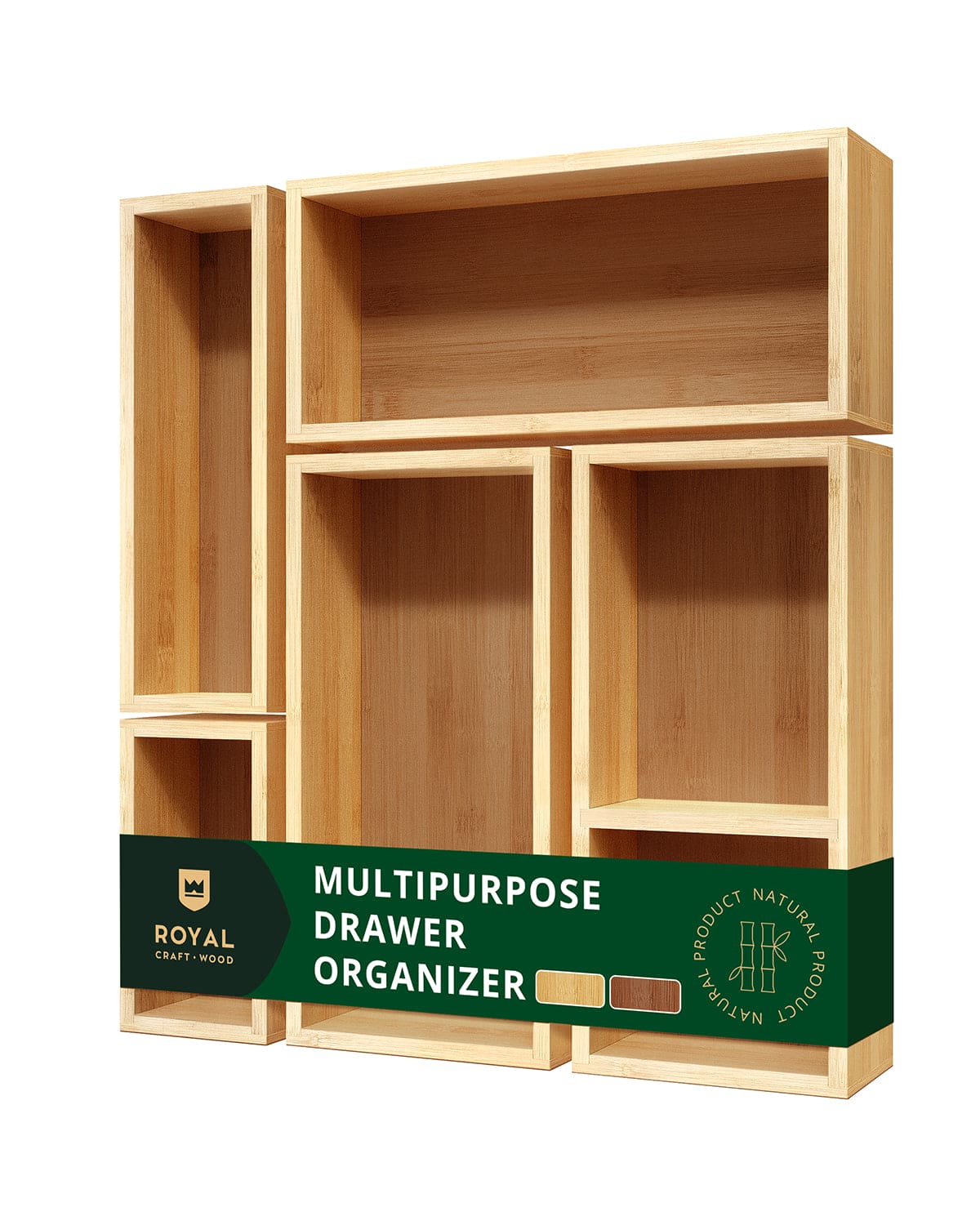 Set of five natural light wood storage boxes and drawer dividers arranged on a flat surface