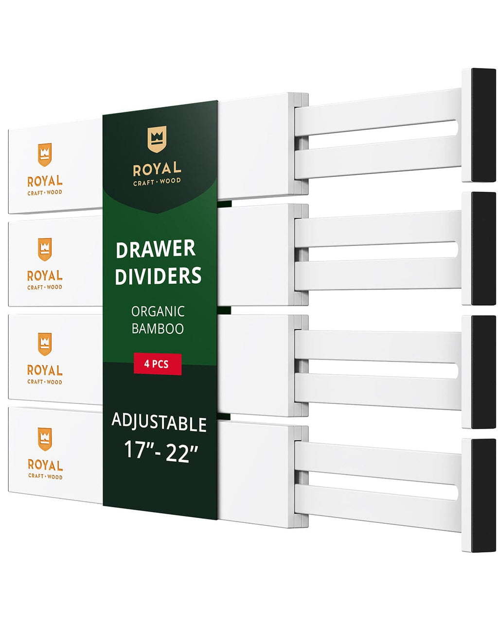 Adjustable 22 inch white bamboo drawer dividers organizing kitchen utensils in a drawer.