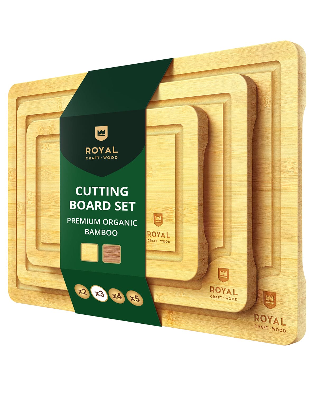 Bamboo cutting board set of 3 with juice grooves arranged on a kitchen countertop