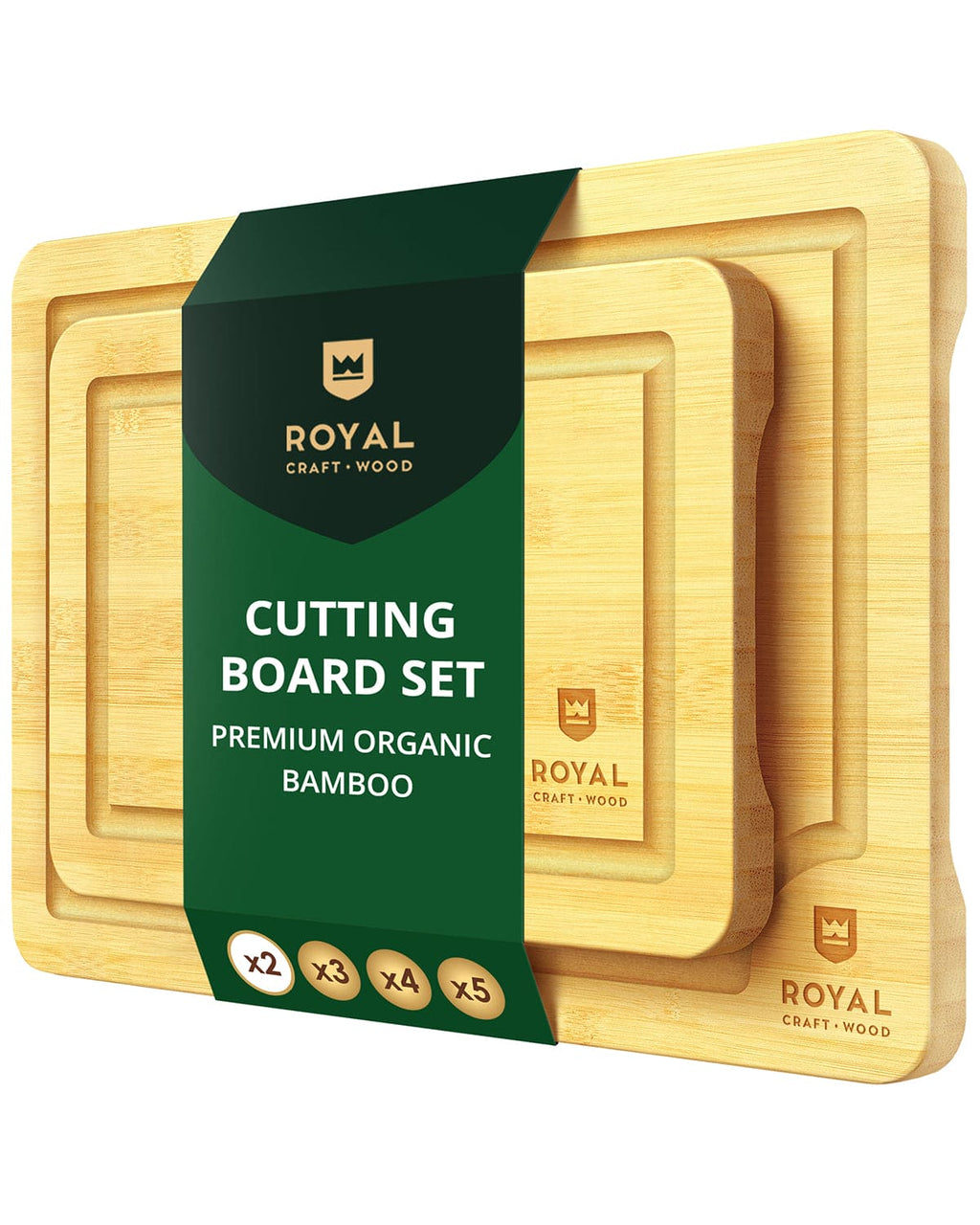 Bamboo cutting board set of two with rectangular design, juice grooves, and natural wood finish