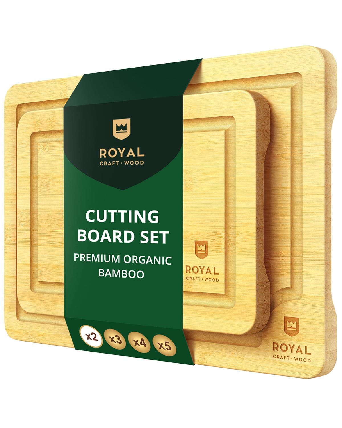 Bamboo cutting board set of two with rectangular design, juice grooves, and natural wood finish