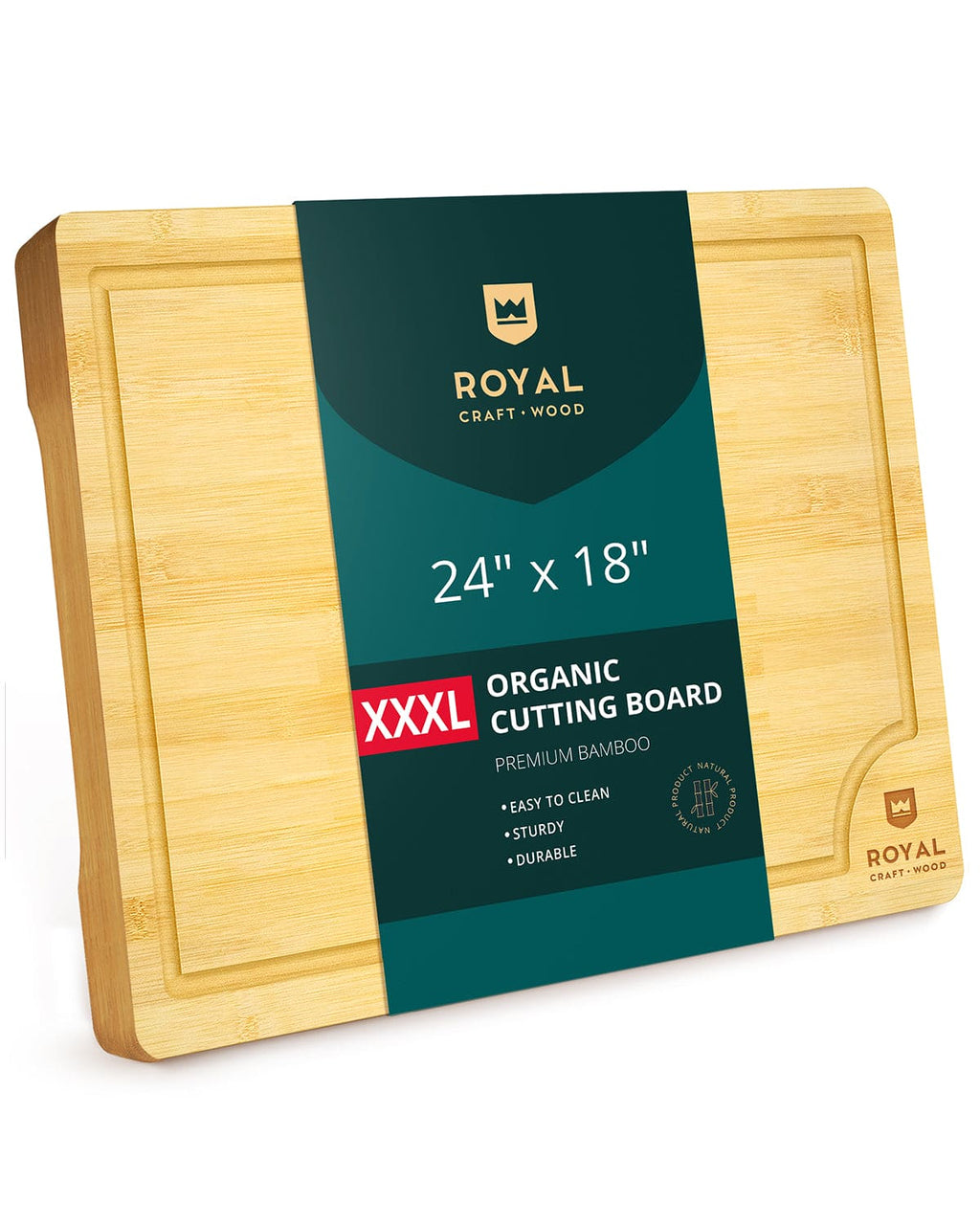 Extra large wooden cutting board in natural burlywood featuring a rectangular shape and deep juice groove