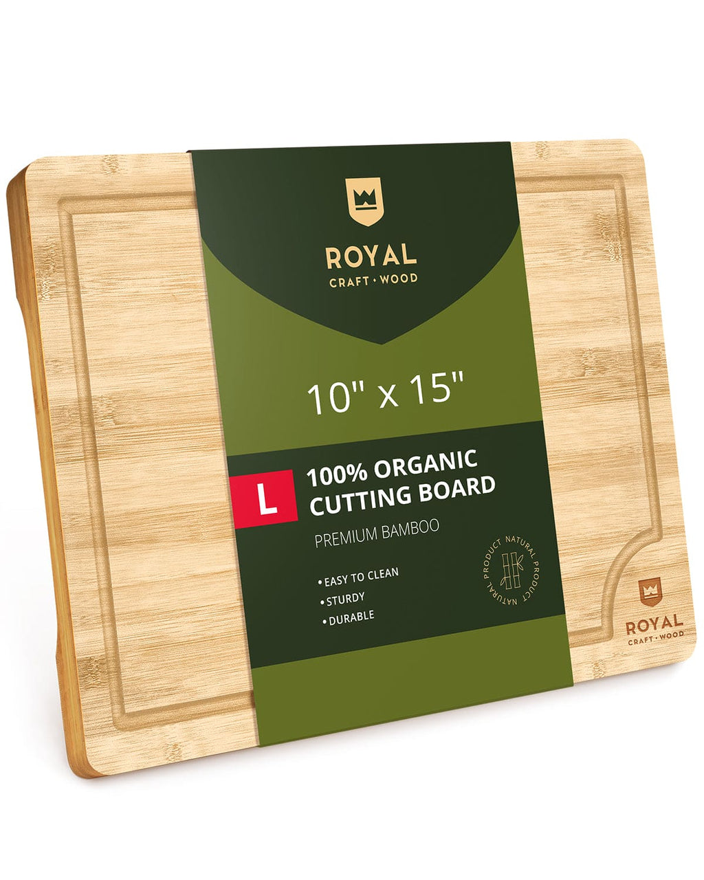 Large rectangular wooden cutting board with juice groove in natural light burlywood finish.