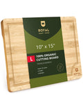 Large rectangular wooden cutting board with juice groove in natural light burlywood finish.