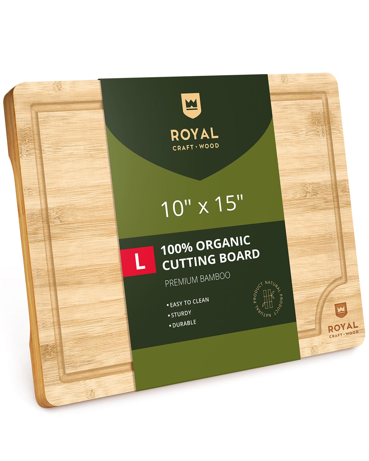Large rectangular wooden cutting board with juice groove in natural light burlywood finish.