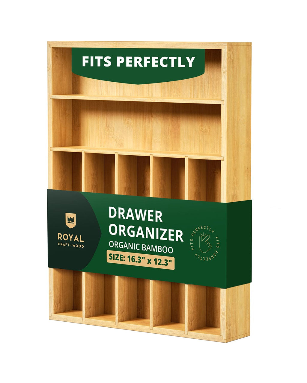 Natural wood silverware drawer organizer tray with multiple compartments for kitchen utensils and cutlery storage
