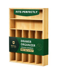 Natural wood silverware drawer organizer tray with multiple compartments for kitchen utensils and cutlery storage