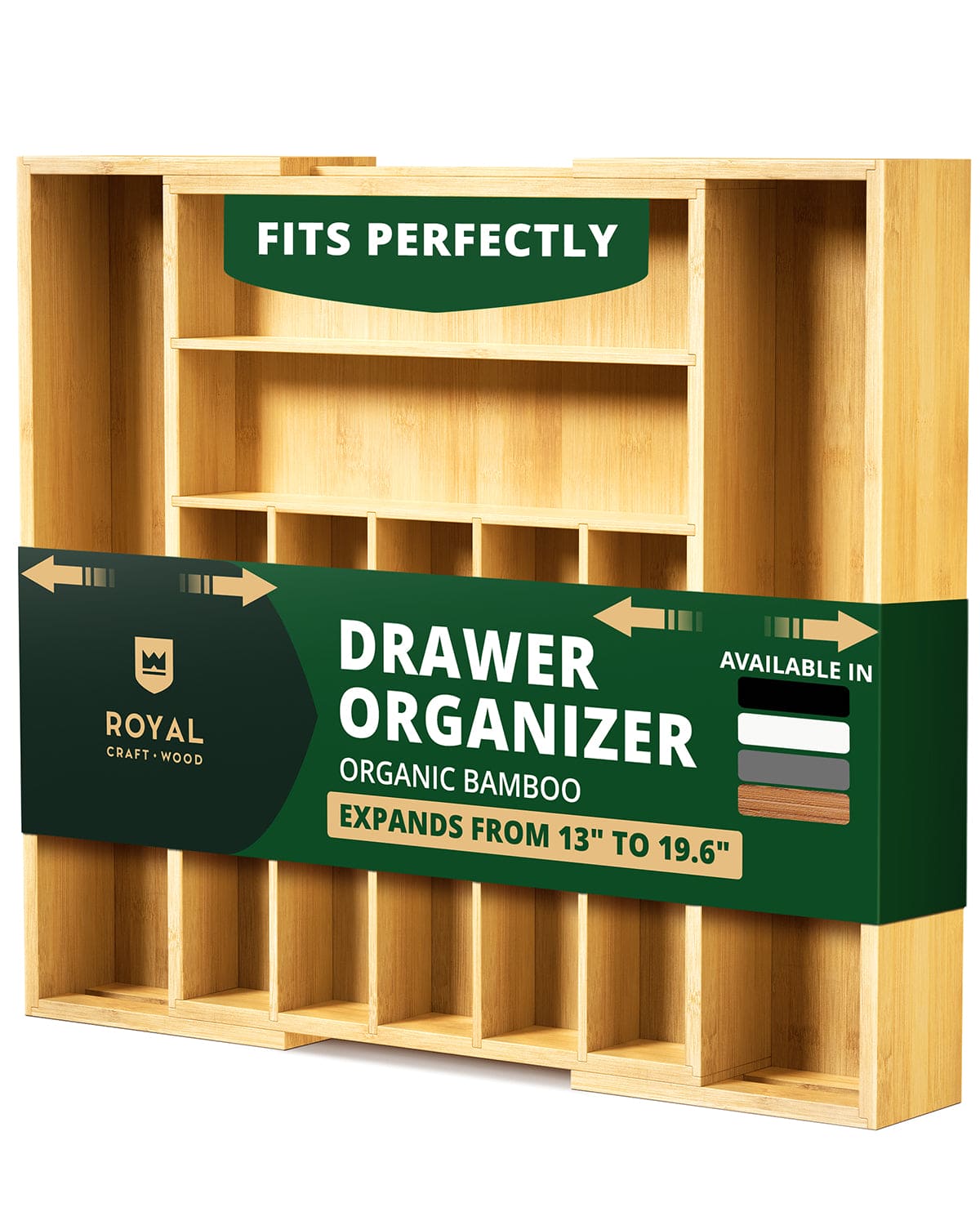 Natural bamboo 9-slot silverware drawer organizer tray with deep compartments for kitchen utensils