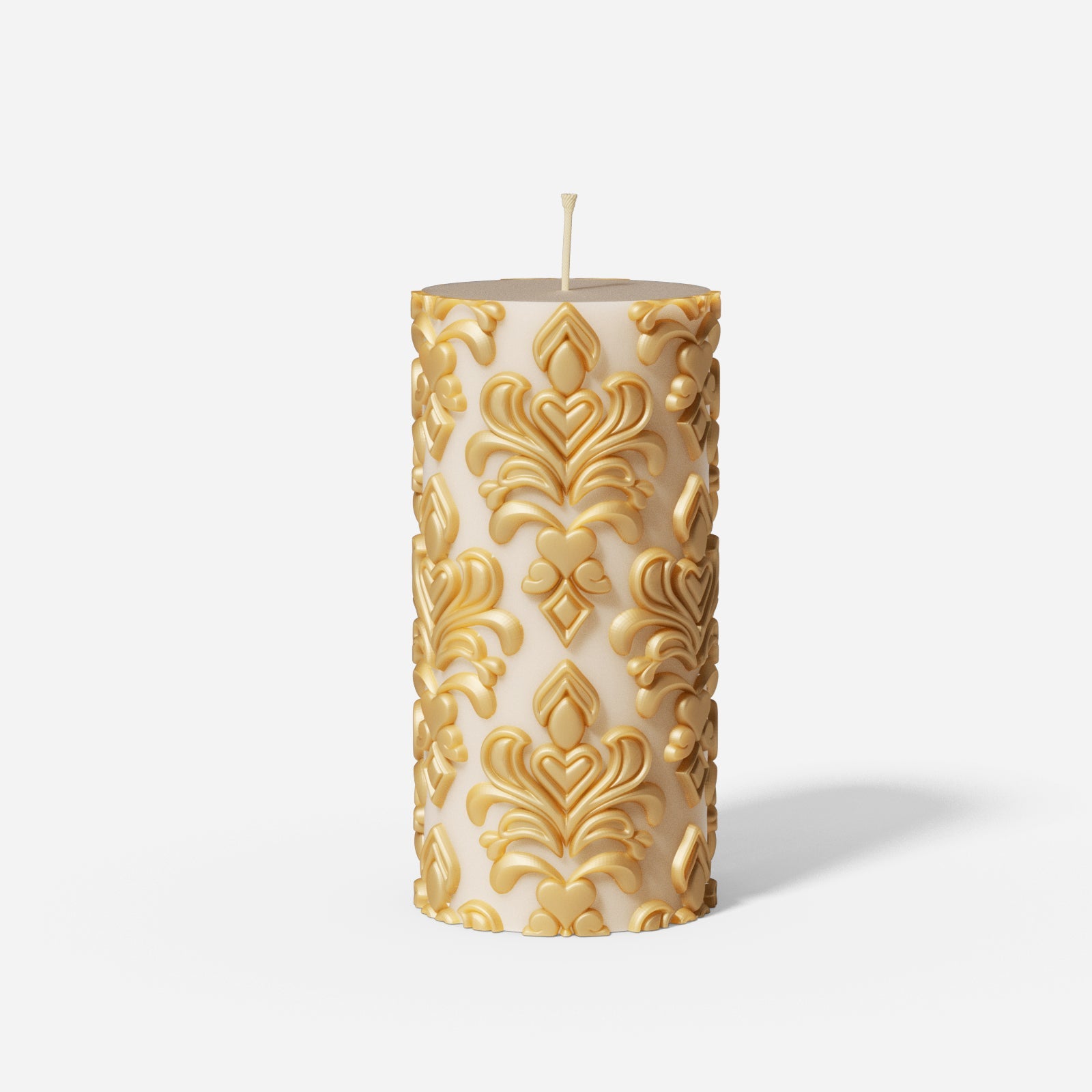 Tall elegance patterned relief pillar candle silicone mold showcasing detailed sculptural design.