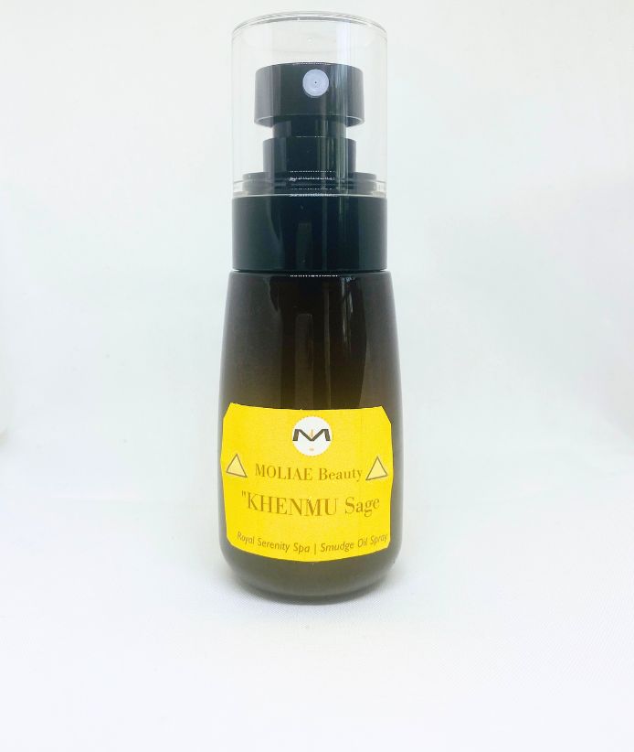 KHENMU Sage Smudge Spray in amber bottle with lavender frankincense and myrrh essential oils — view 5