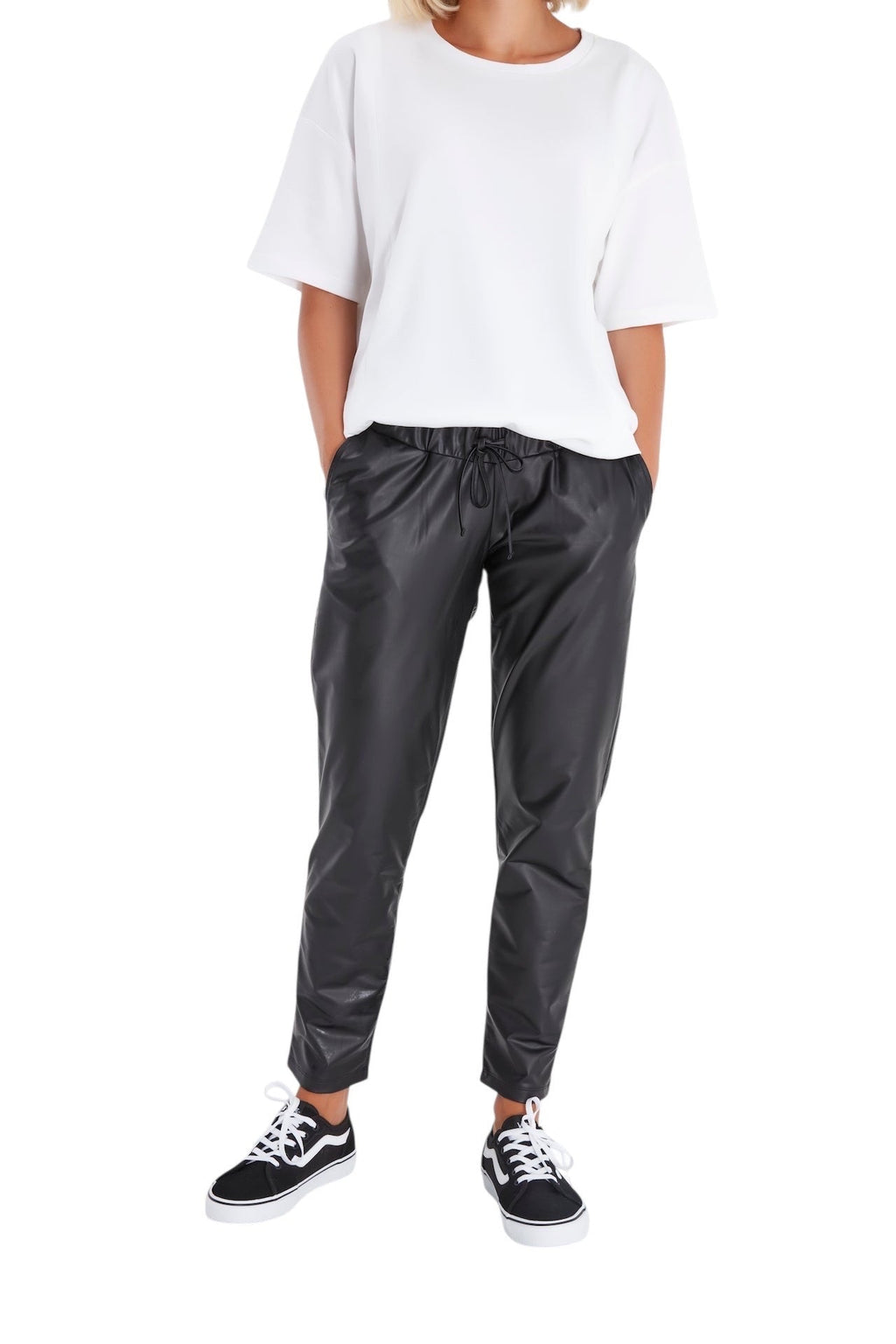 Comfy Cool Foldover Waistband Faux Leather Maternity Jogger Pants-0