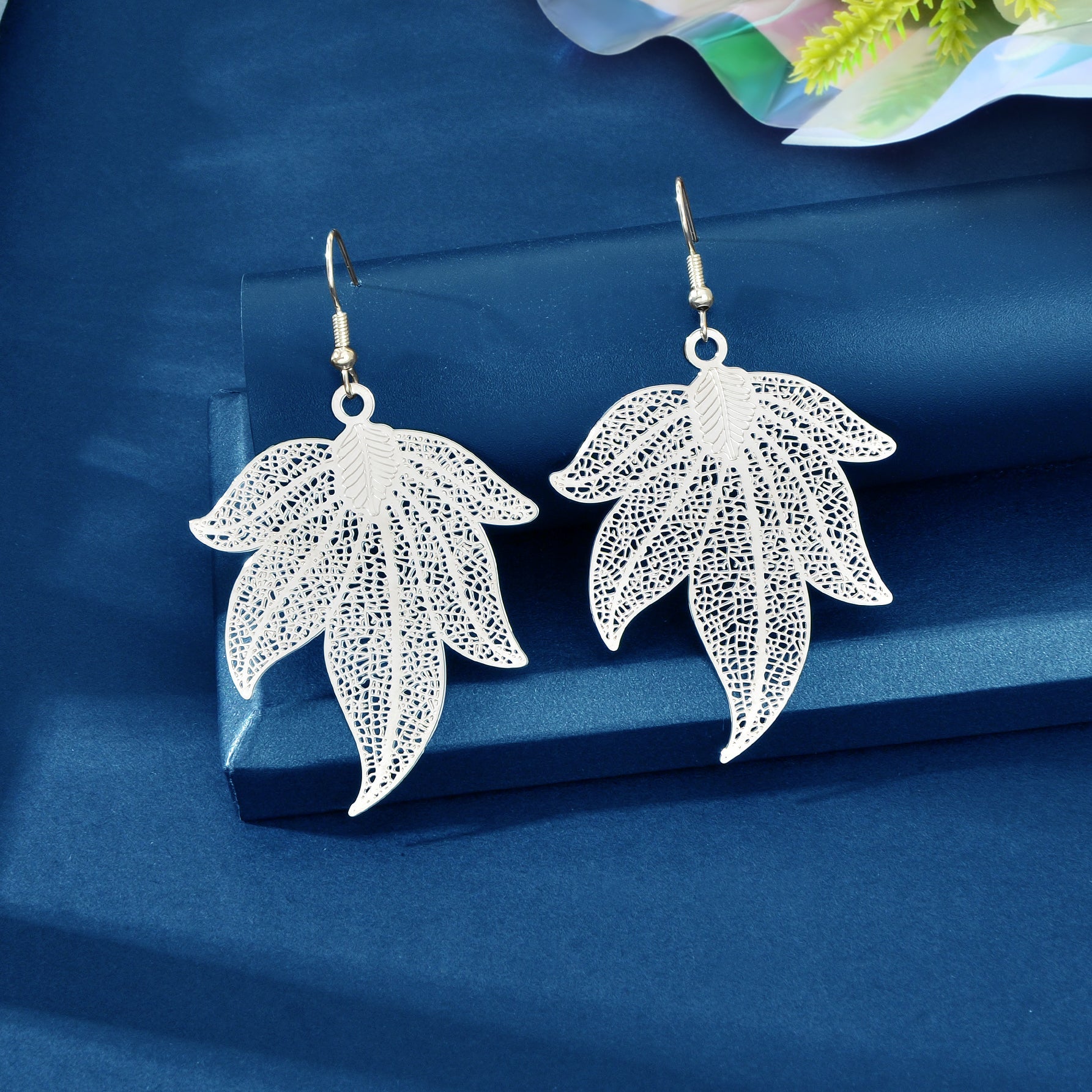 Silvery hollow leaf dangle earrings, lightweight metallic bohemian jewelry with a silver tone finish — view 5
