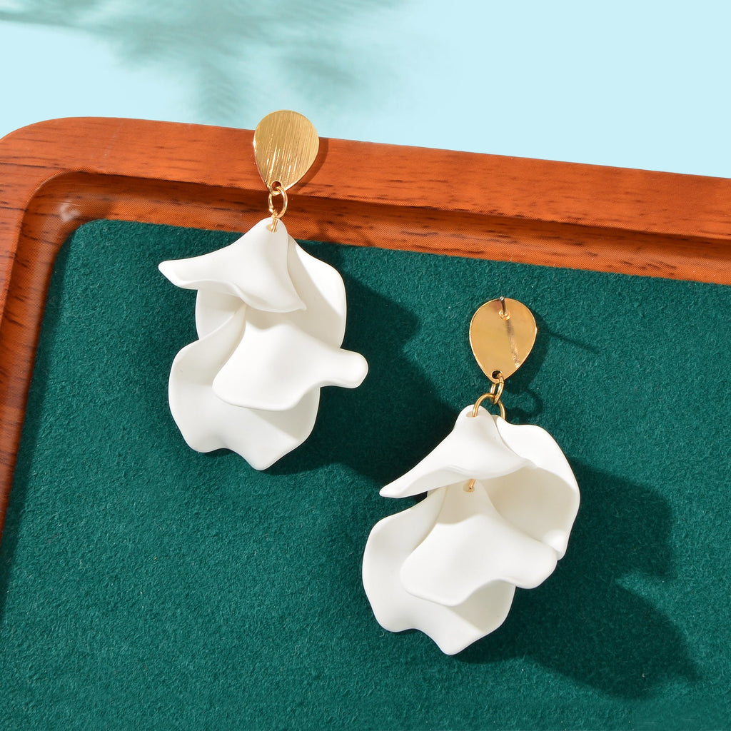 Elegant flower petal dangle earrings for women in shiny metal for daily and party wear — view 5