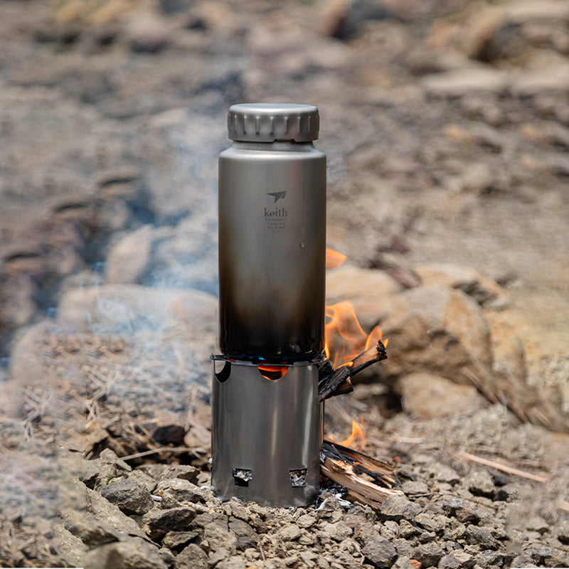 KEITH Titanium Nesting Camp Set with Bottle, Mug & Wood Stove - Ti3070-3