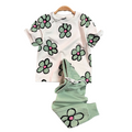 Girls green cotton jogger set featuring a printed top and matching comfortable sweatpants