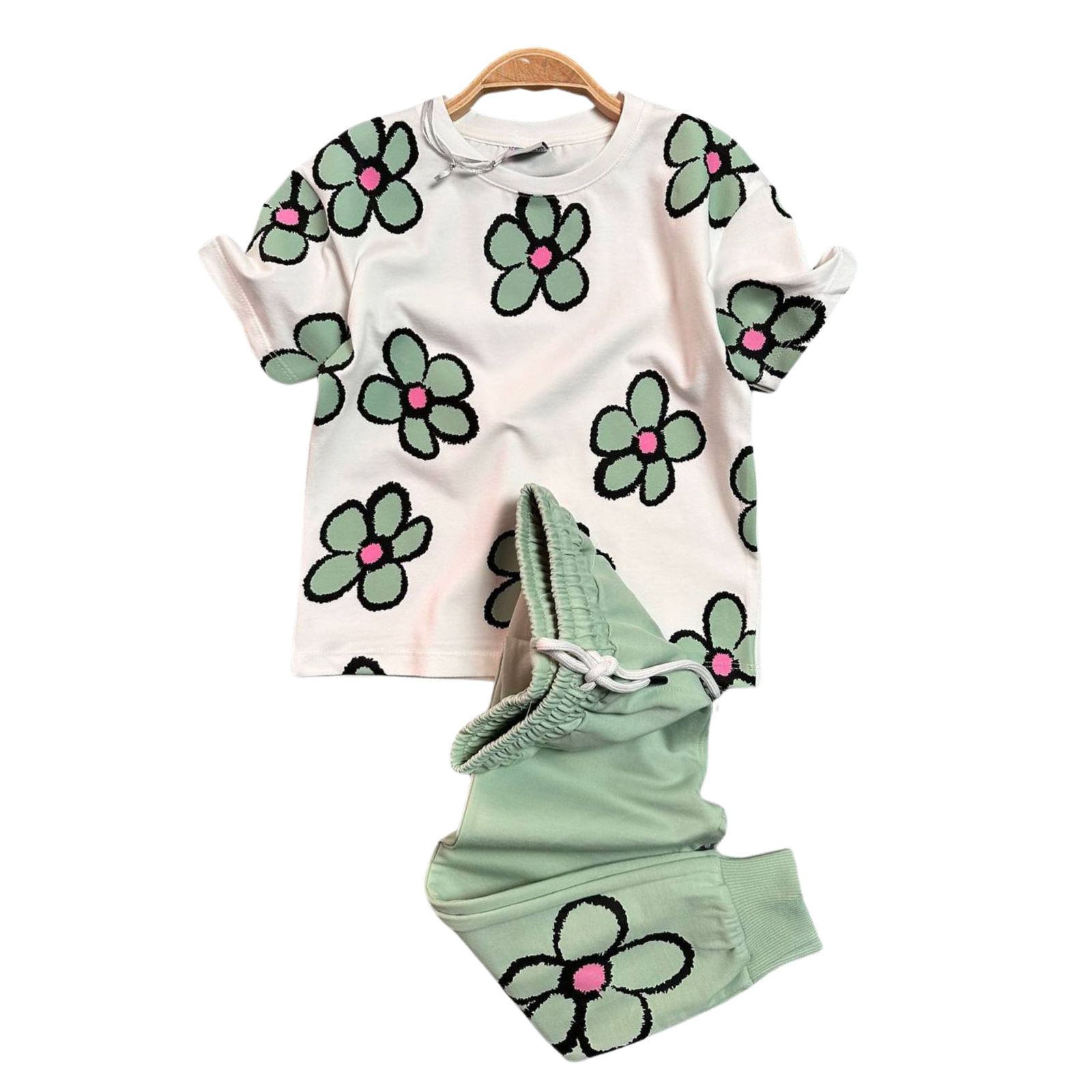 Girls green cotton jogger set featuring a printed top and matching comfortable sweatpants