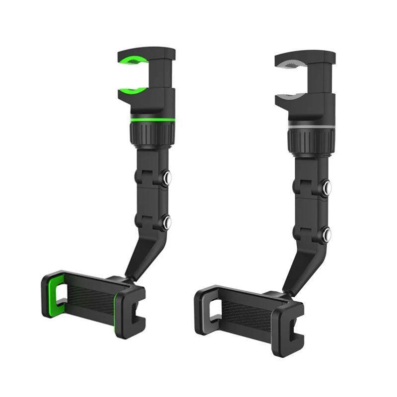 Universal rearview mirror car phone mount holder in green and grey attached to a vehicle mirror — view 2