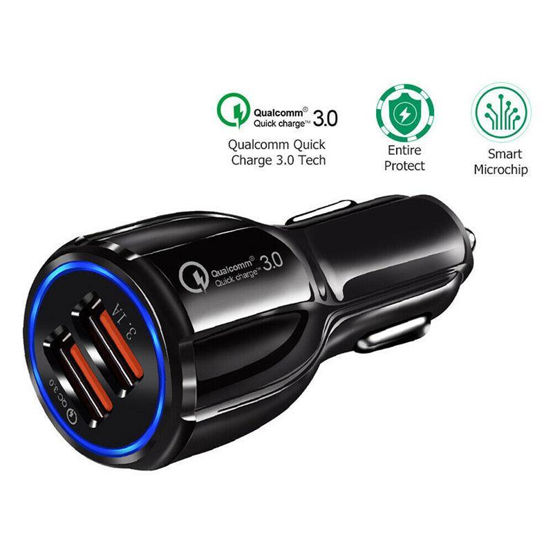 Black 30W dual USB fast car charger for smartphones featuring Quick Charge 3.0 technology — view 4
