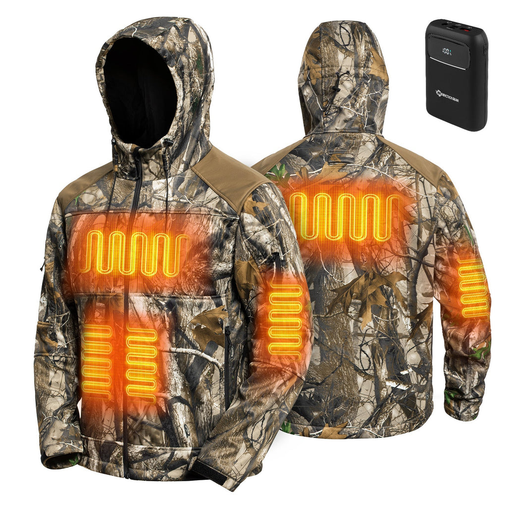 Mens waterproof heated hunting jacket with adjustable hood and multiple utility pockets — view 2