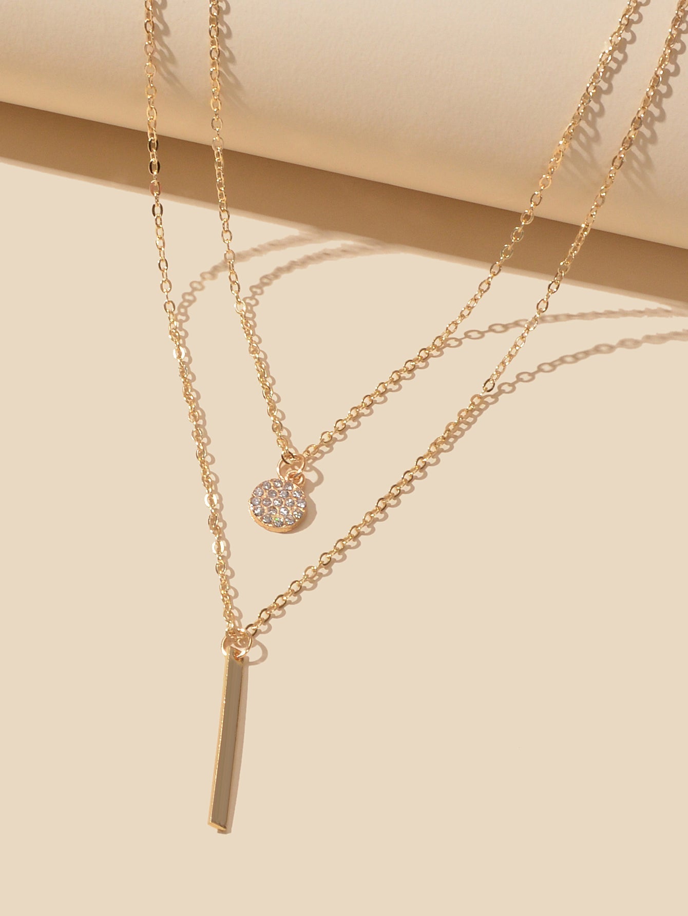 Double layer chain necklace with round charm and bar drop pendant for party and everyday wear — view 3