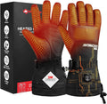 Black rechargeable heated winter ski gloves featuring premium leather palms and touchscreen compatible fingertips