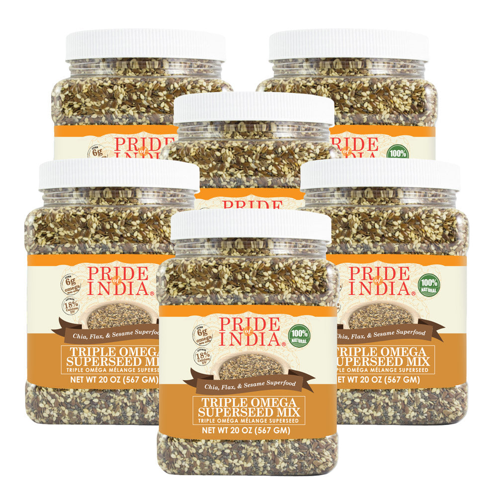 Triple Omega Superseed Mix in a clear BPA free jar showing chia flax and sesame seeds — view 4