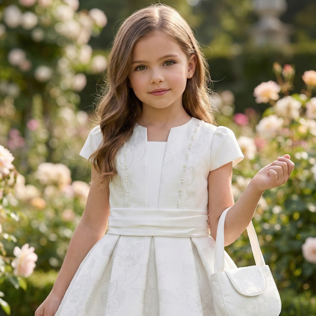 Elegant off-white girls formal dress with floral texture, flared skirt, and a matching small handbag.
