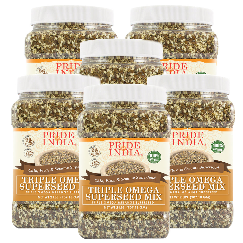 Triple Omega Superseed Mix in a clear BPA free jar showing chia flax and sesame seeds — view 5