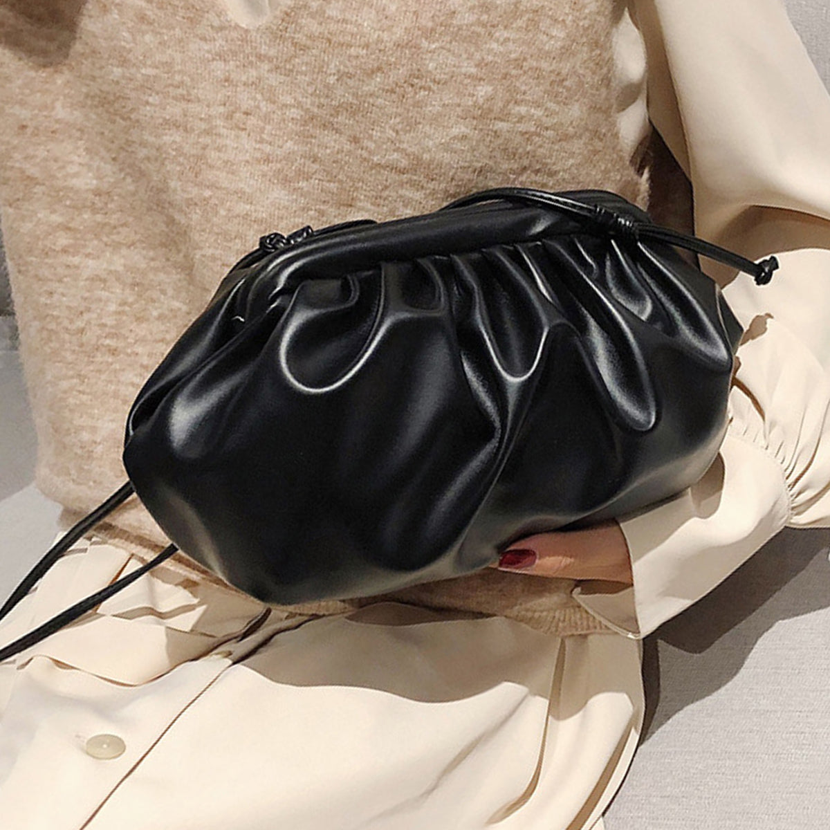 Black and white PU leather women's clutch crossbody shoulder bag with metallic hardware — view 2