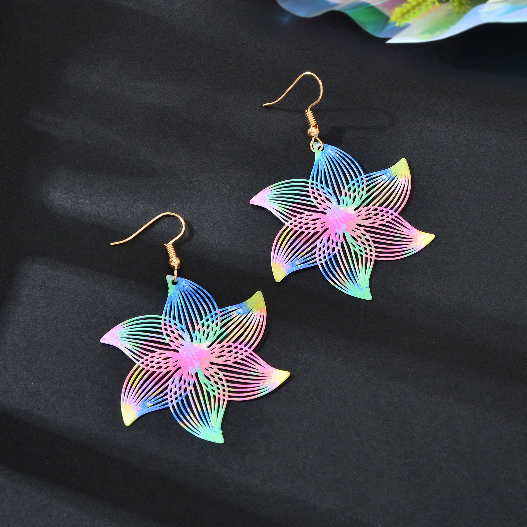 Colorful hollow flower metal dangle earrings in a vibrant Y2K retro style for women — view 2