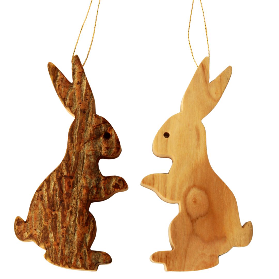 Osterhase Anhänger aus Olivenholz mit Rinde | Natürliche Osterdeko & Baumschmuck für Ostern-0