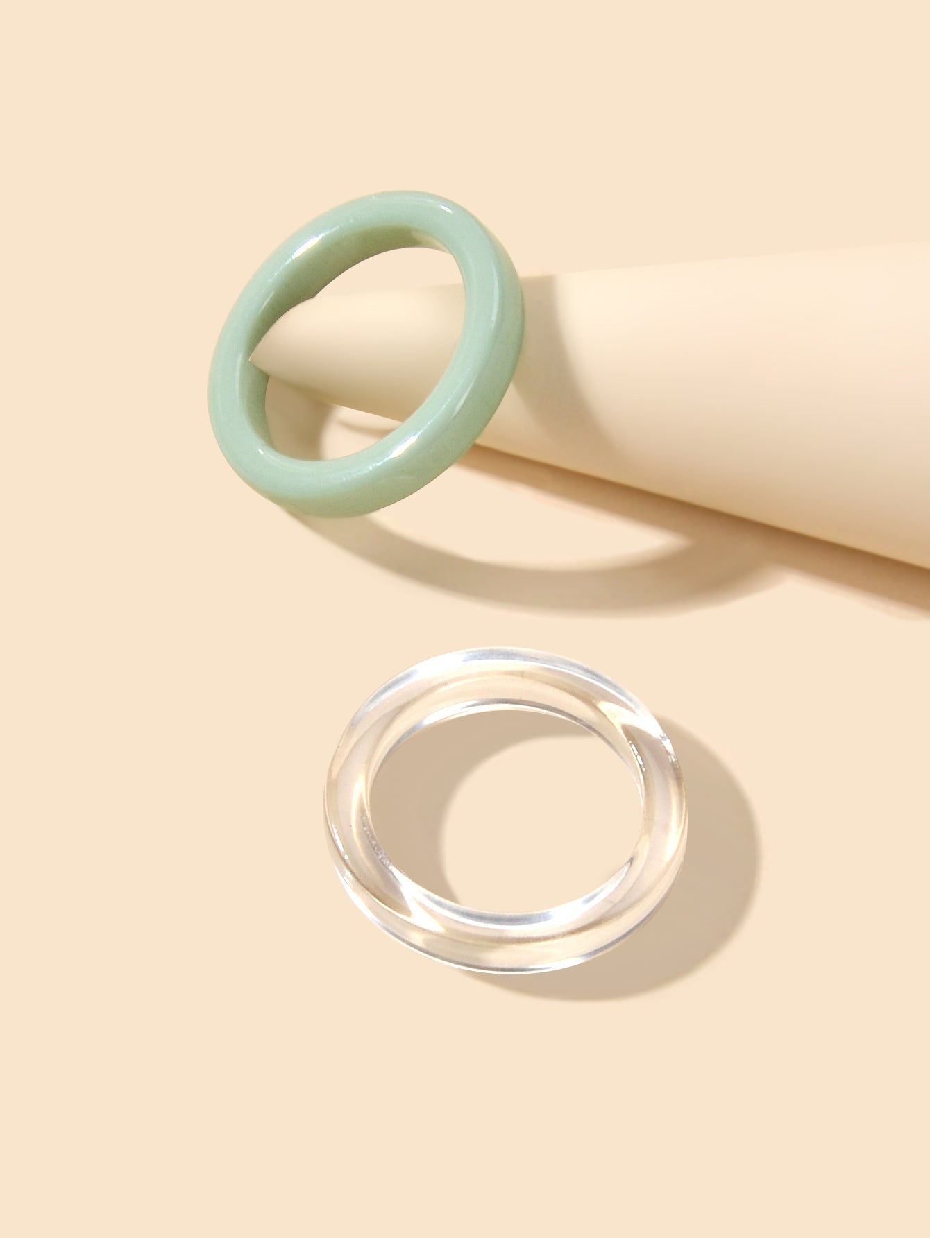 Boho green transparent resin ring set for women showing two stylish circle rings — view 2