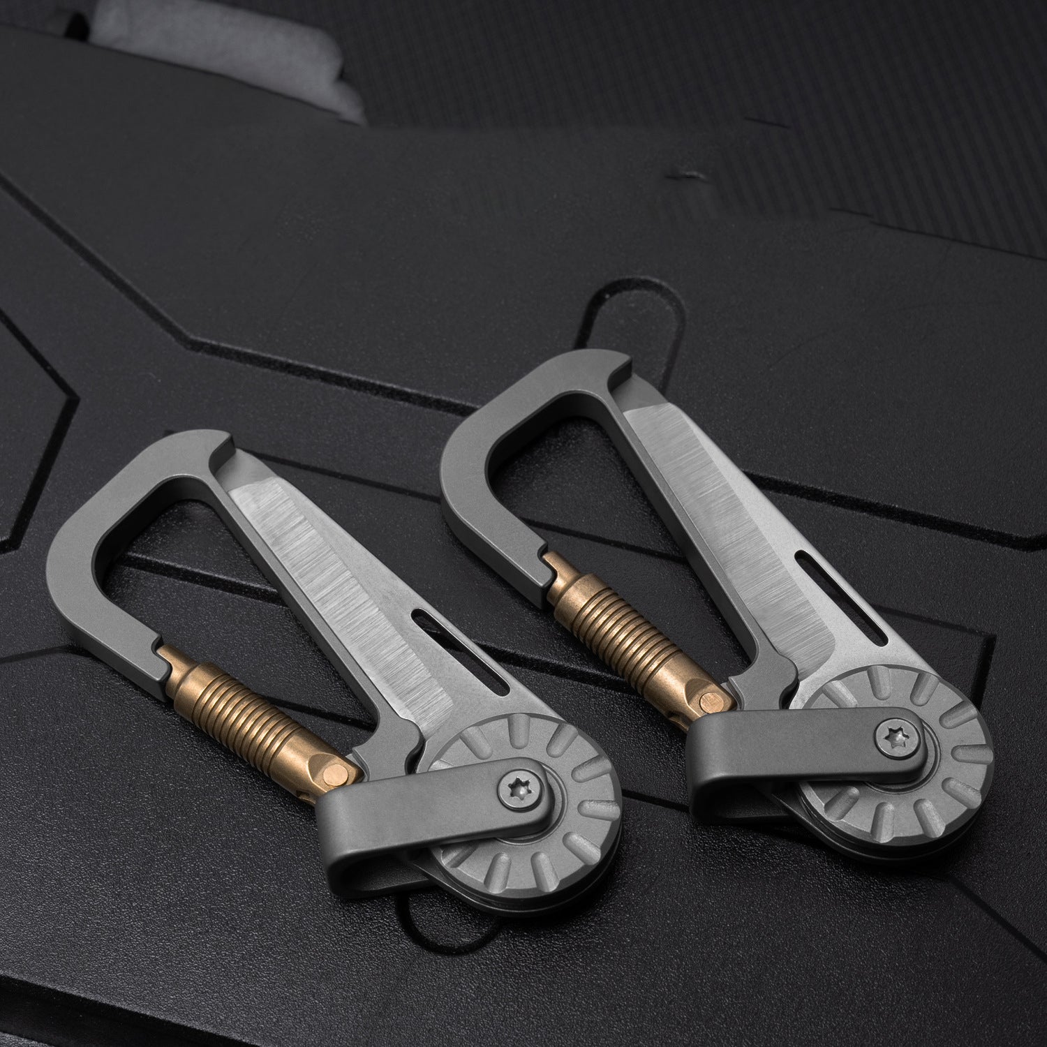 Titanium alloy tactical carabiner multi-tool with bottle opener and secure rotating keychain hook attachment. — view 2